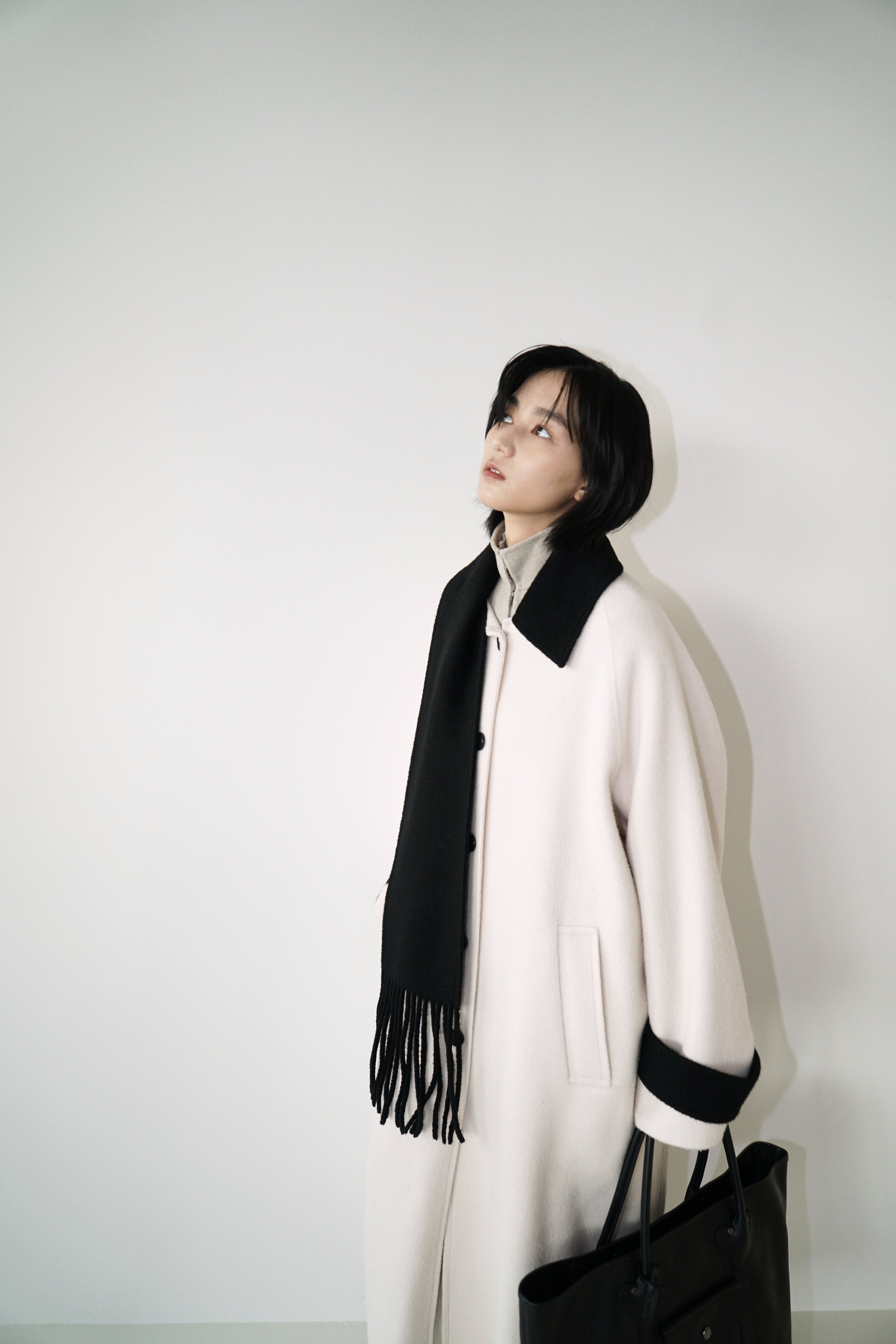 Kimhe Kim - Bi-Color Alpaca Blend Fringe Scarf Long Coat (Ivory/Black) product image 10 | TRAB K-Fashion Australia