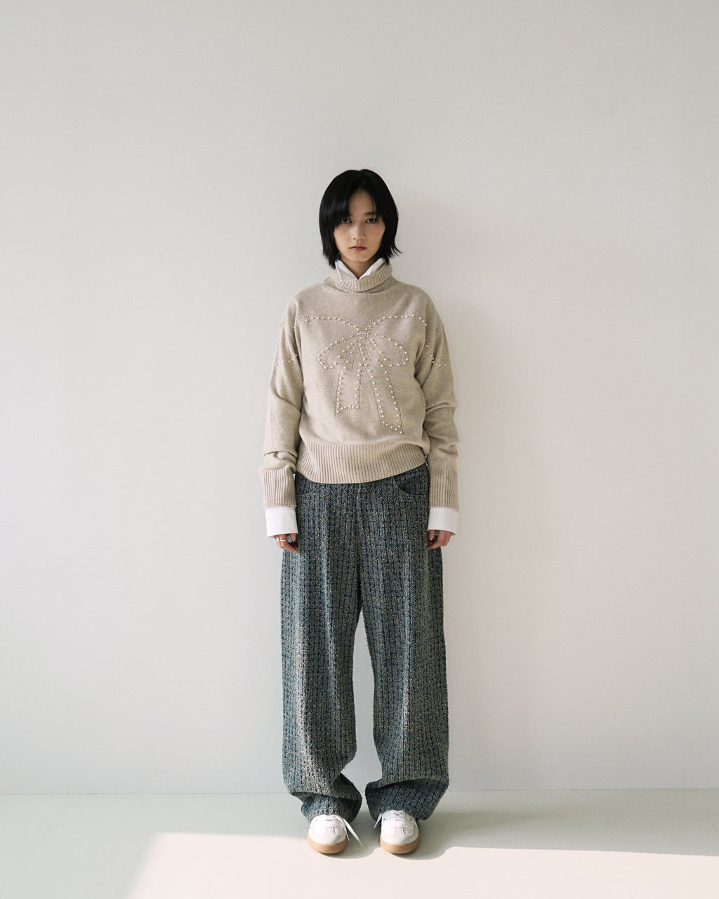 Kimhe Kim - Pearl Embellished Pointelle Sweater (Beige) product image 1 | TRAB K-Fashion Australia