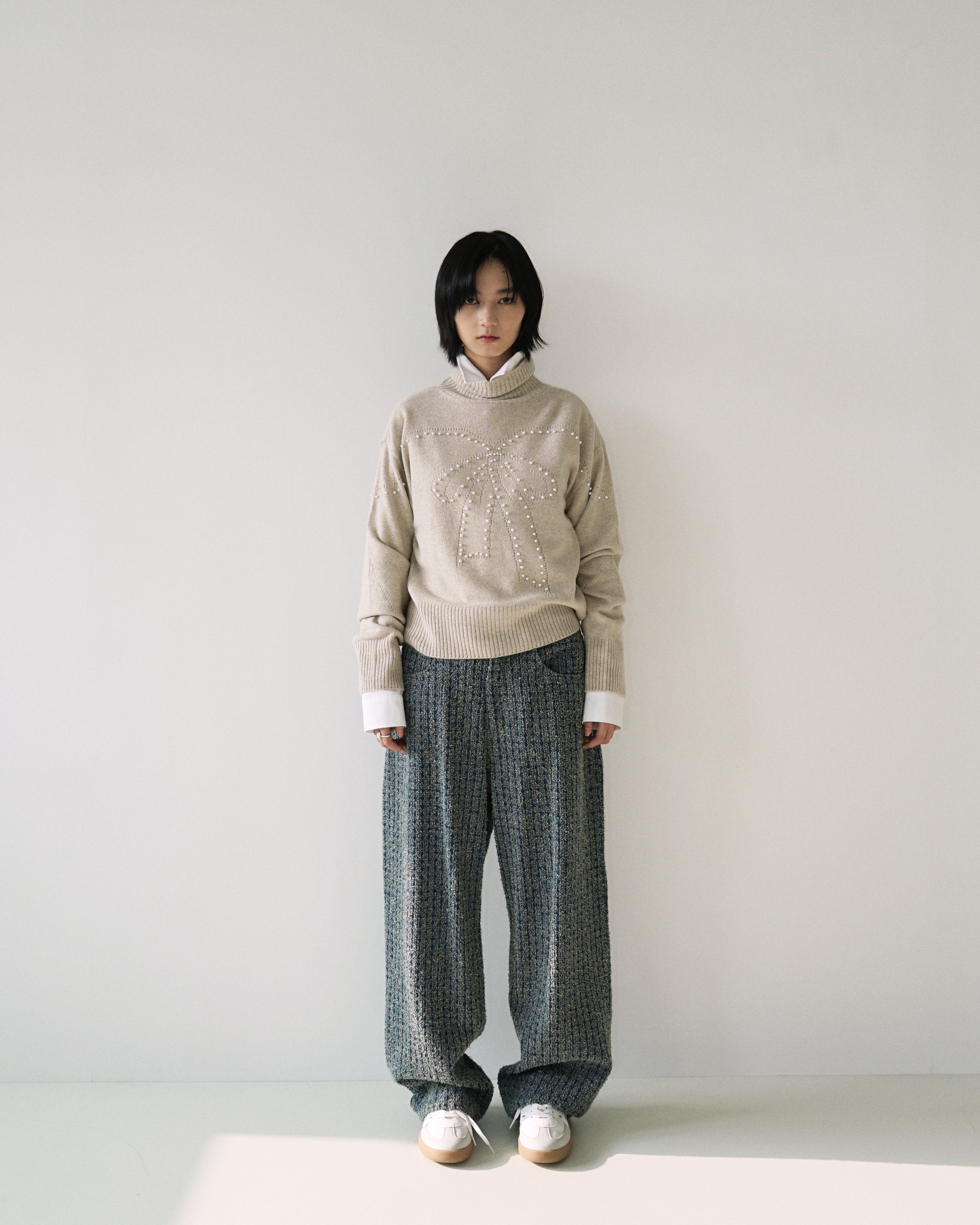 Kimhe Kim - Pearl Embellished Pointelle Sweater (Beige) product image 1 | TRAB K-Fashion Australia
