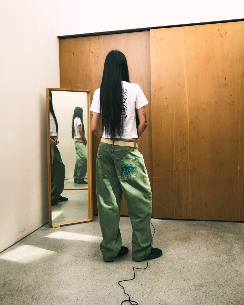 yeseyesee - Flower Rivet Denim Pants (Khaki Green) product image 7 | TRAB K-Fashion Australia