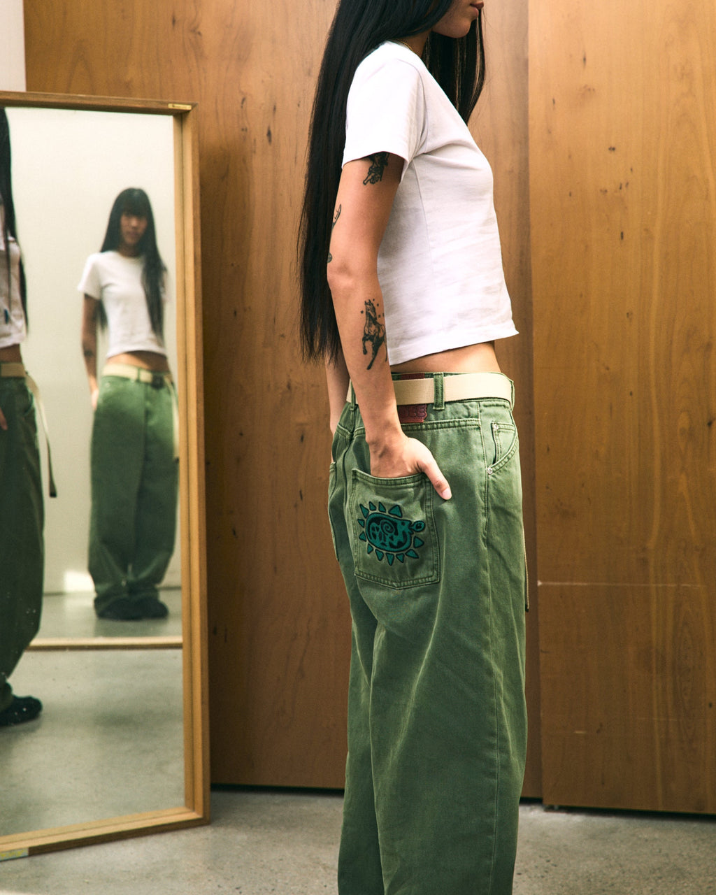yeseyesee - Flower Rivet Denim Pants (Khaki Green) product image 9 | TRAB K-Fashion Australia