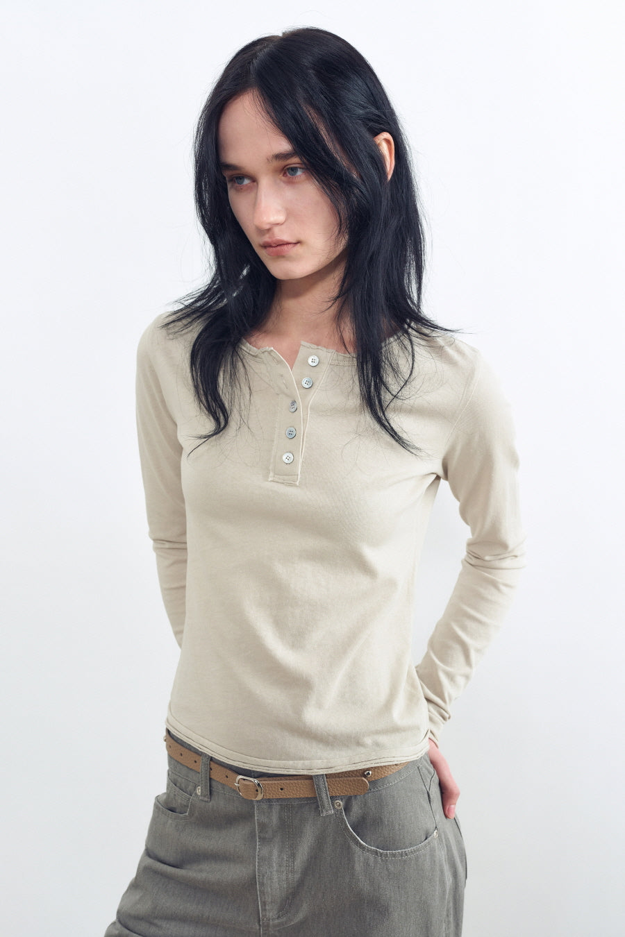 Insilence - Skinny Stud Leather Belt (Beige) product image 4 | TRAB K-Fashion Australia