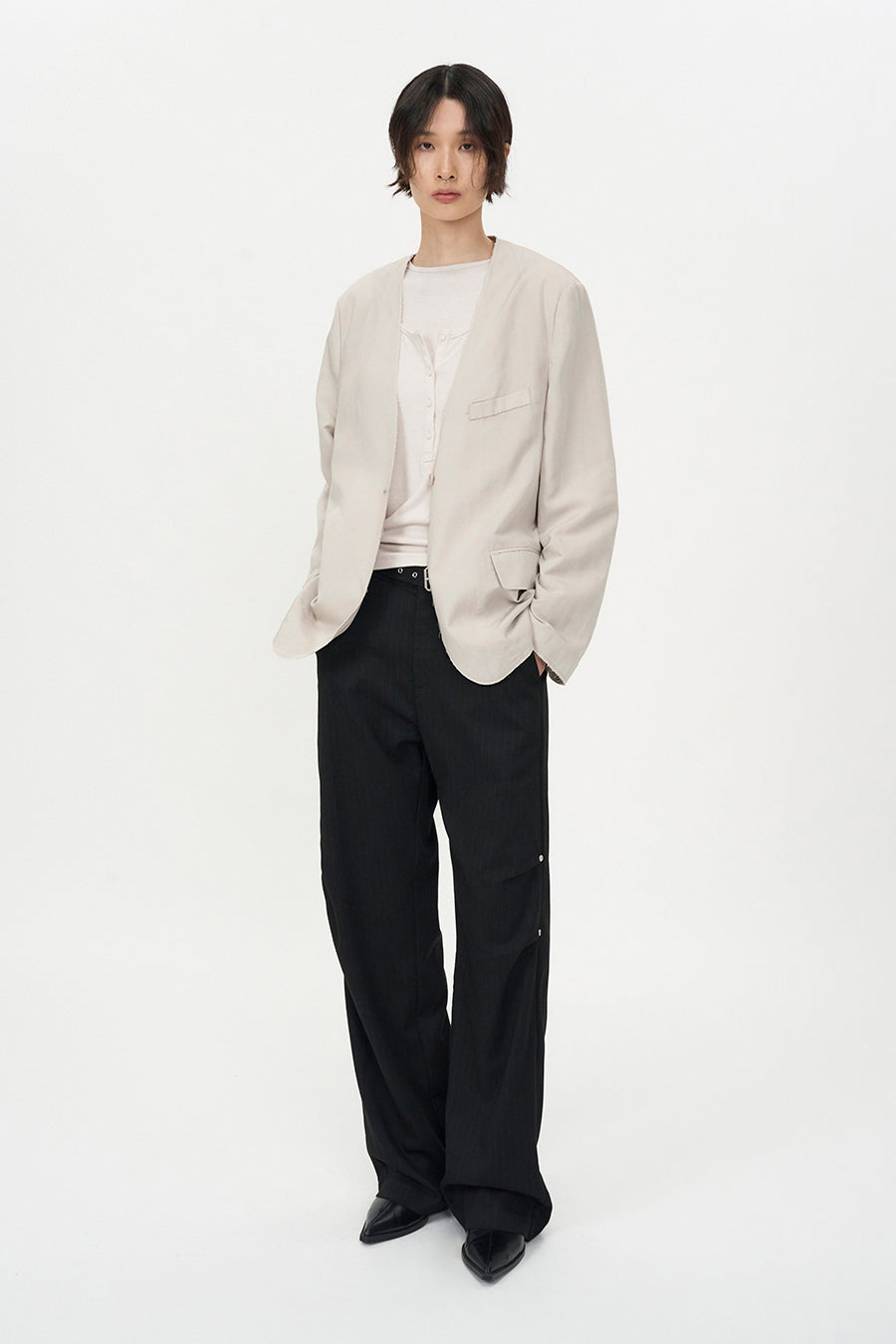 Insilence - Linen Cut off Jacket (Ash Beige) product image 1 | TRAB K-Fashion Australia
