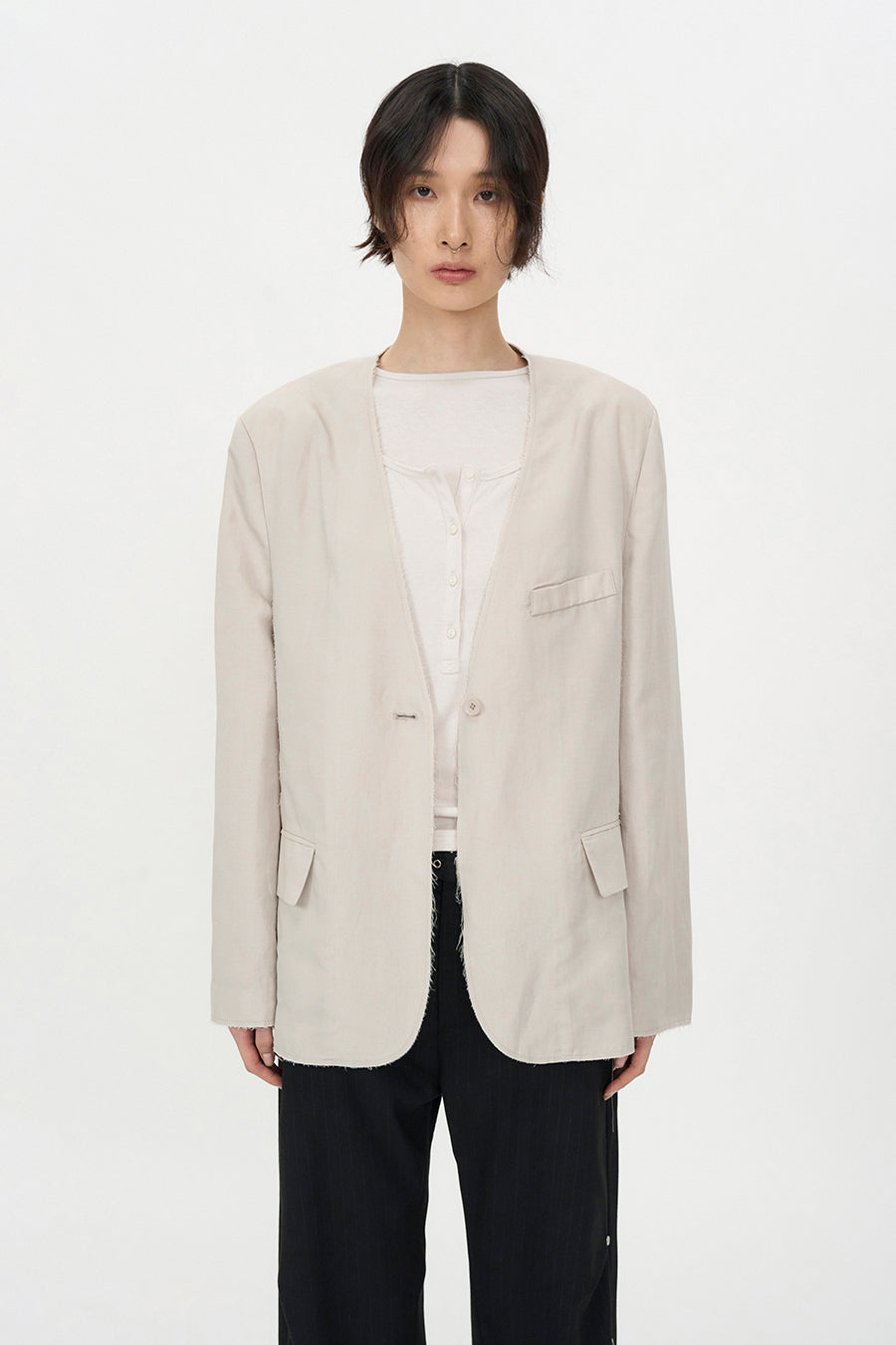 Insilence - Linen Cut off Jacket (Ash Beige) product image 2 | TRAB K-Fashion Australia
