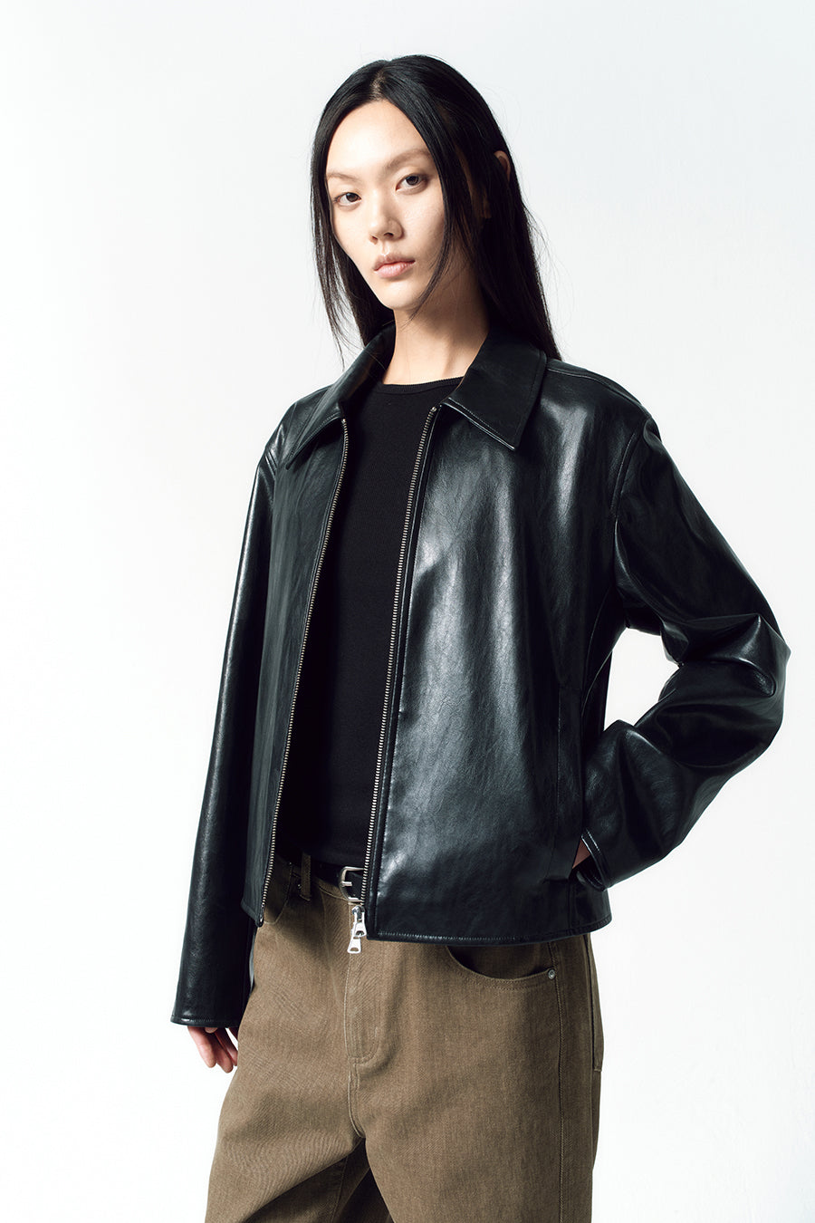 Insilence - Glossy Faux Leather Jacket (Black) product image 1 | TRAB K-Fashion Australia