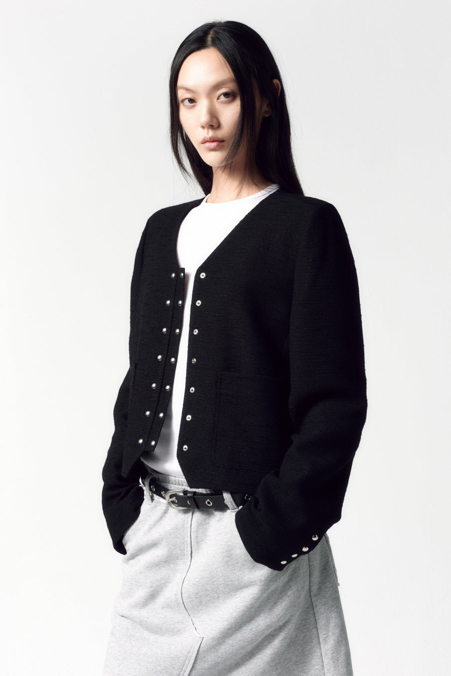 Insilence - Snap Detail Tweed Jacket (Black) product image 1 | TRAB K-Fashion Australia
