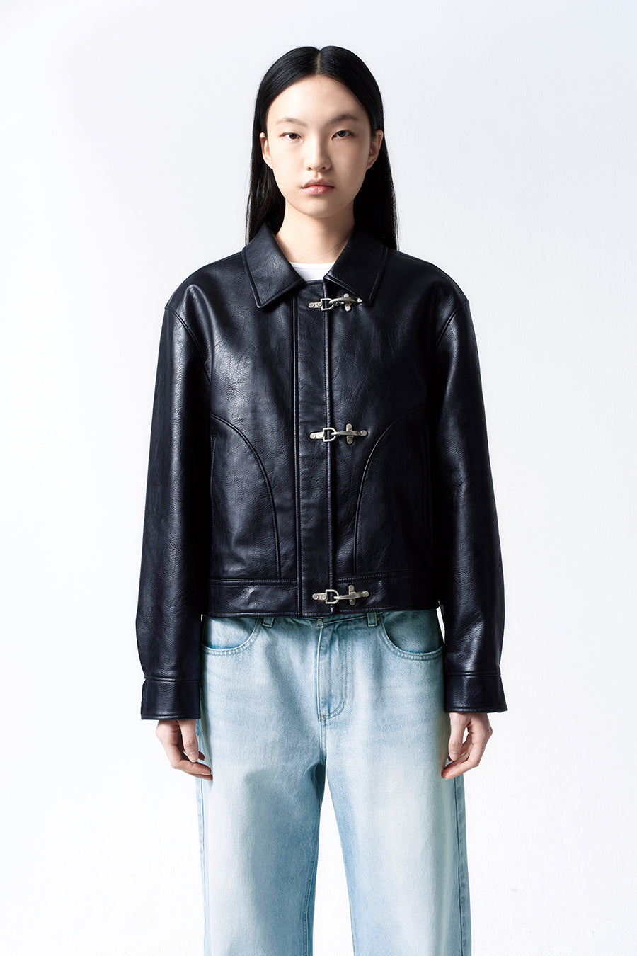 Insilence - Vintage Buckle Faux Leather Jacket (Black) product image 5 | TRAB K-Fashion Australia