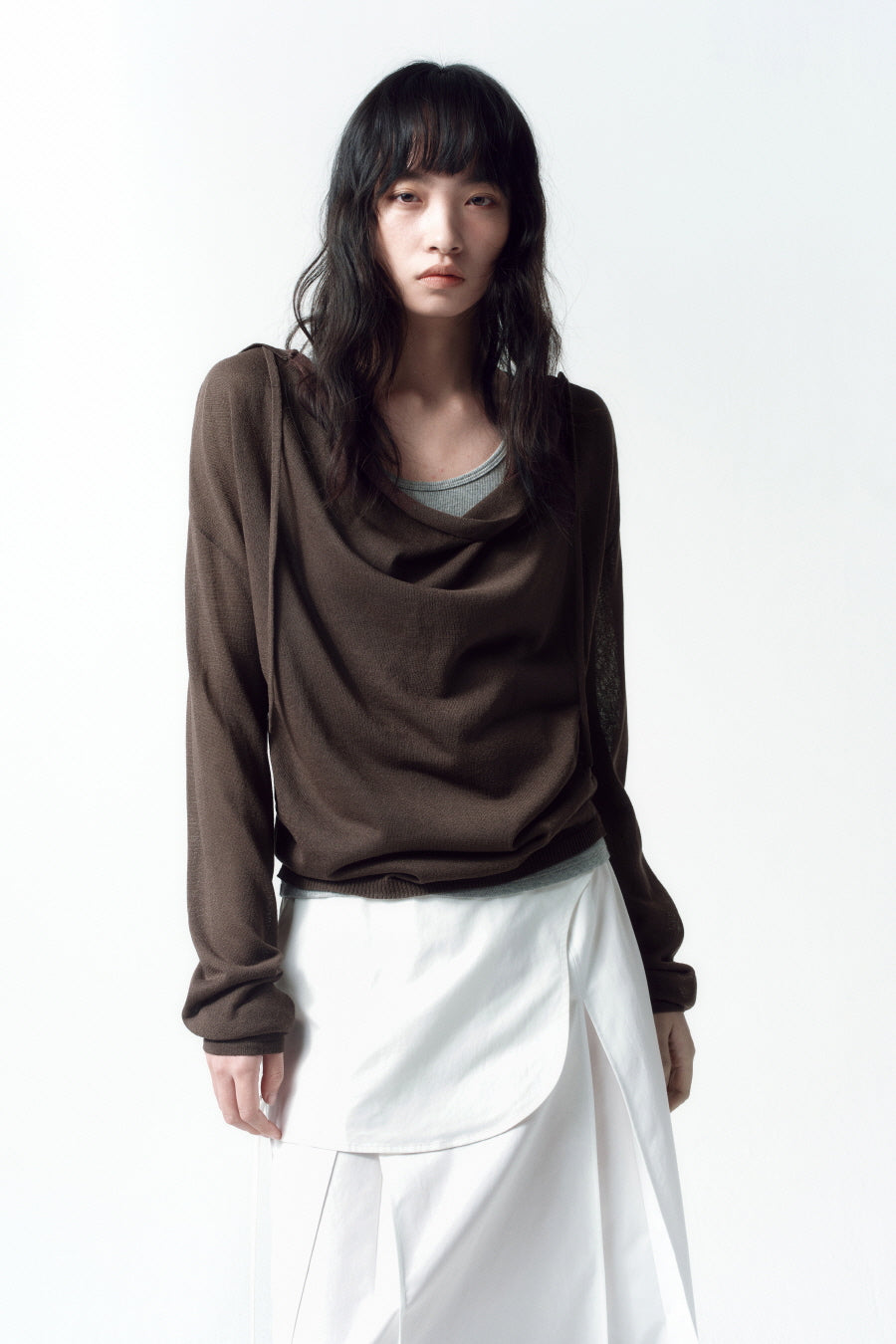 Insilence - Cowl Neck Hooded Knit (Brown) product image 1 | TRAB K-Fashion Australia