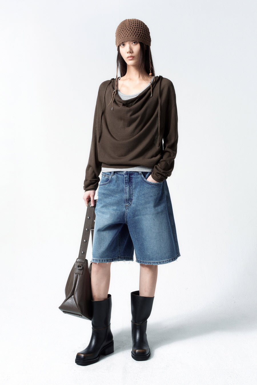 Insilence - Cowl Neck Hooded Knit (Brown) product image 7 | TRAB K-Fashion Australia