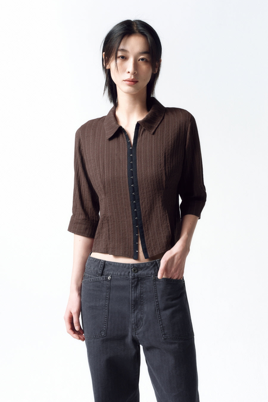 Insilence - Hook Detail Jacquard Shirt (Brown) product image 1 | TRAB K-Fashion Australia