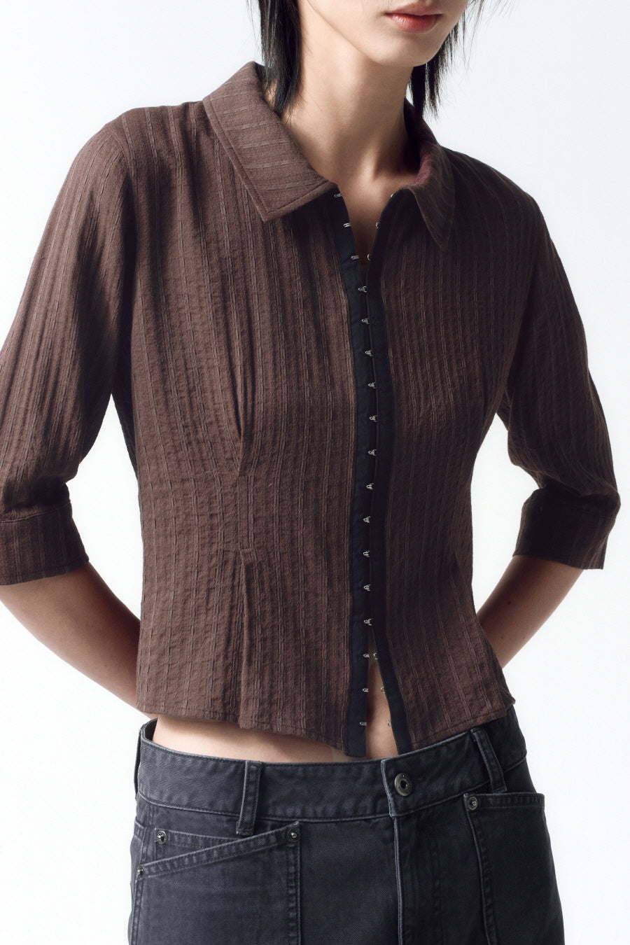 Insilence - Hook Detail Jacquard Shirt (Brown) product image 3 | TRAB K-Fashion Australia