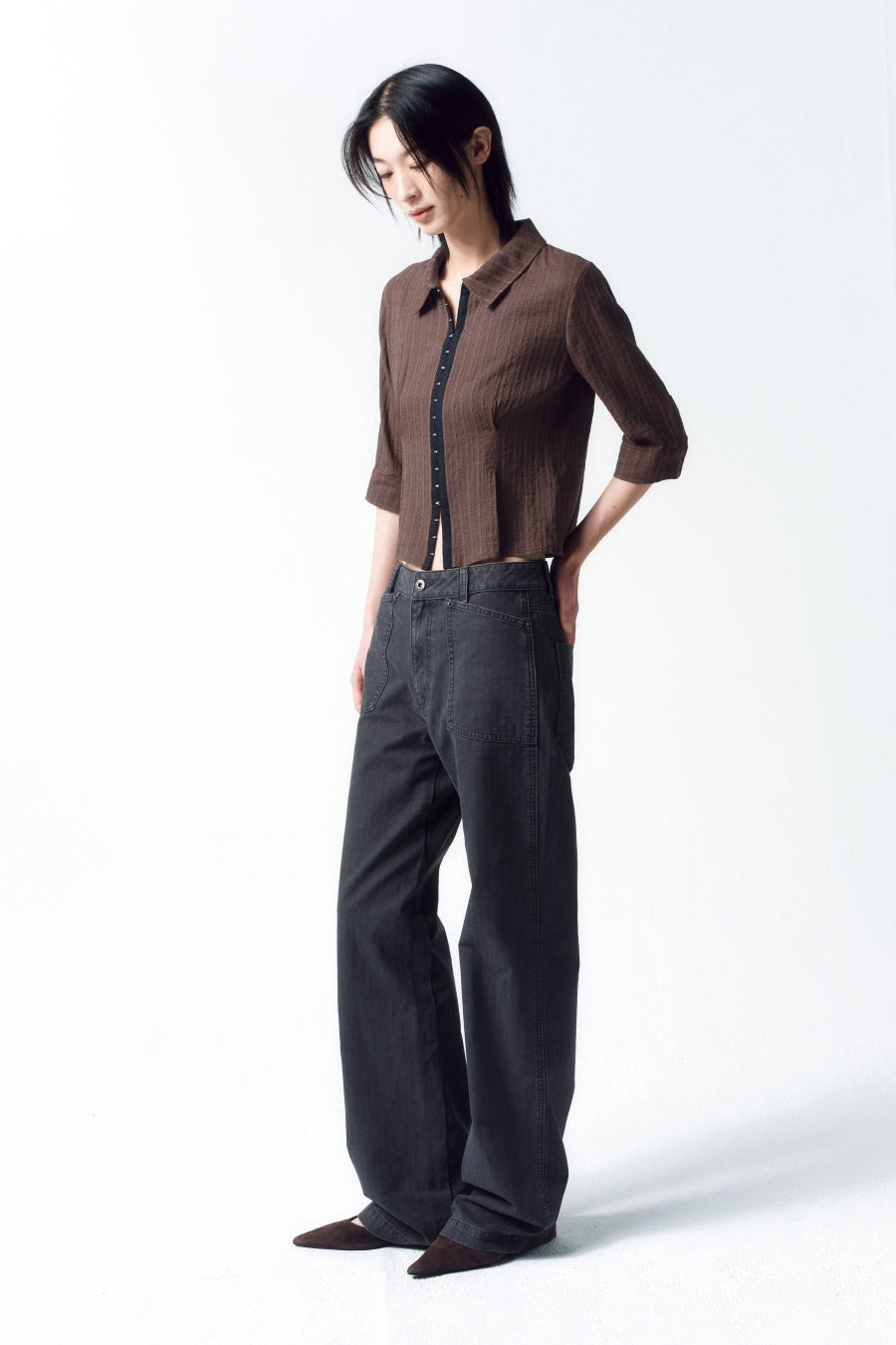 Insilence - Hook Detail Jacquard Shirt (Brown) product image 4 | TRAB K-Fashion Australia
