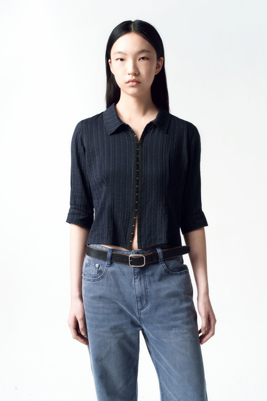 Insilence - Hook Detail Jacquard Shirt (Navy) product image 1 | TRAB K-Fashion Australia