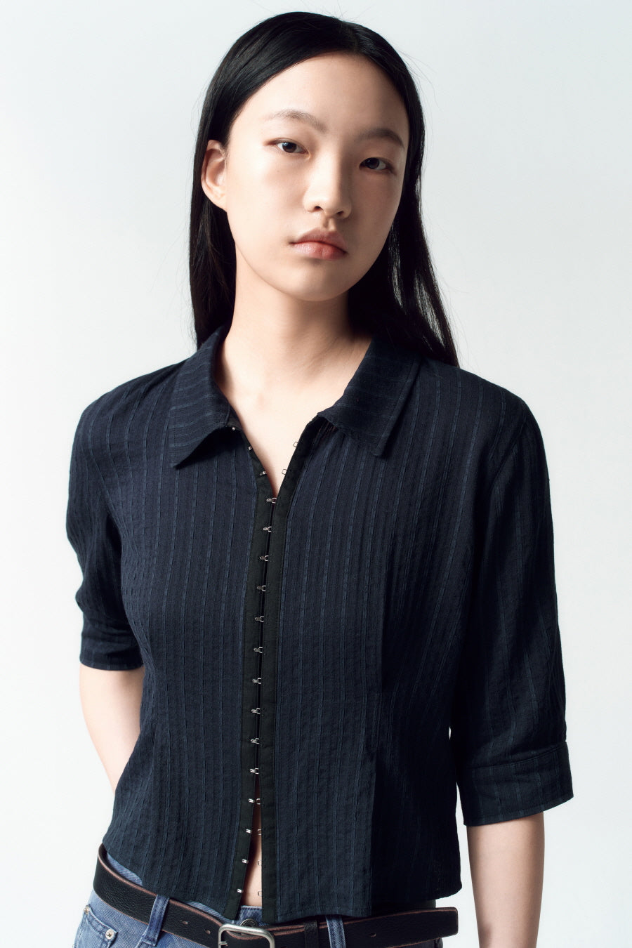 Insilence - Hook Detail Jacquard Shirt (Navy) product image 2 | TRAB K-Fashion Australia