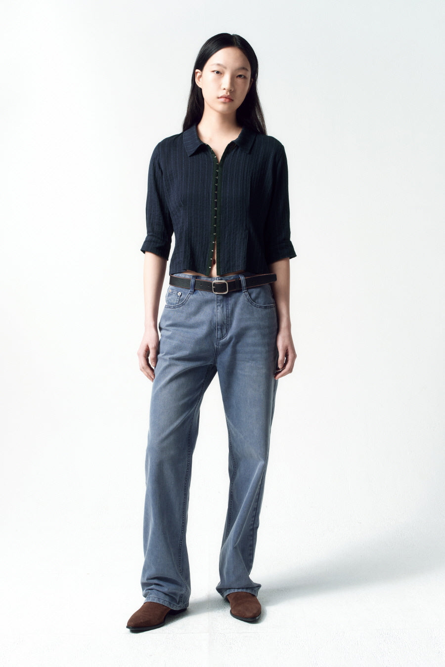 Insilence - Hook Detail Jacquard Shirt (Navy) product image 5 | TRAB K-Fashion Australia