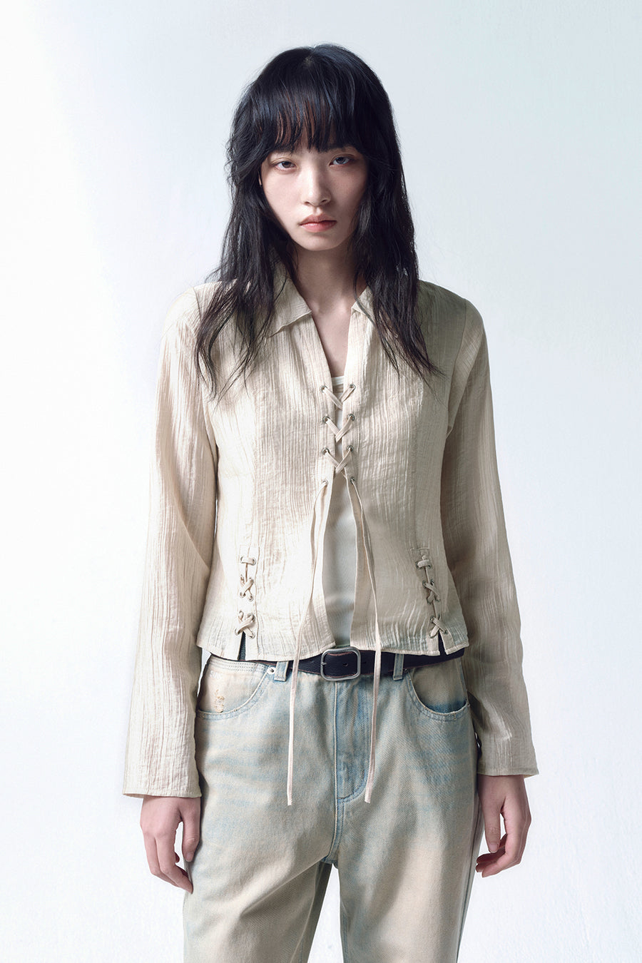 Insilence - Lace-up Strap Shirt (Beige) product image 1 | TRAB K-Fashion Australia