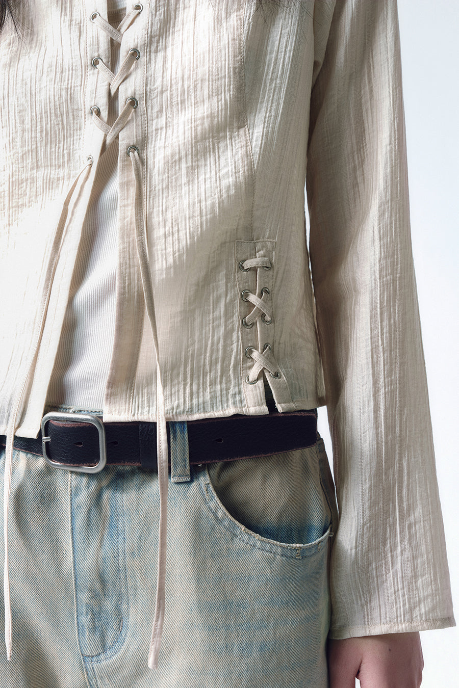 Insilence - Lace-up Strap Shirt (Beige) product image 2 | TRAB K-Fashion Australia