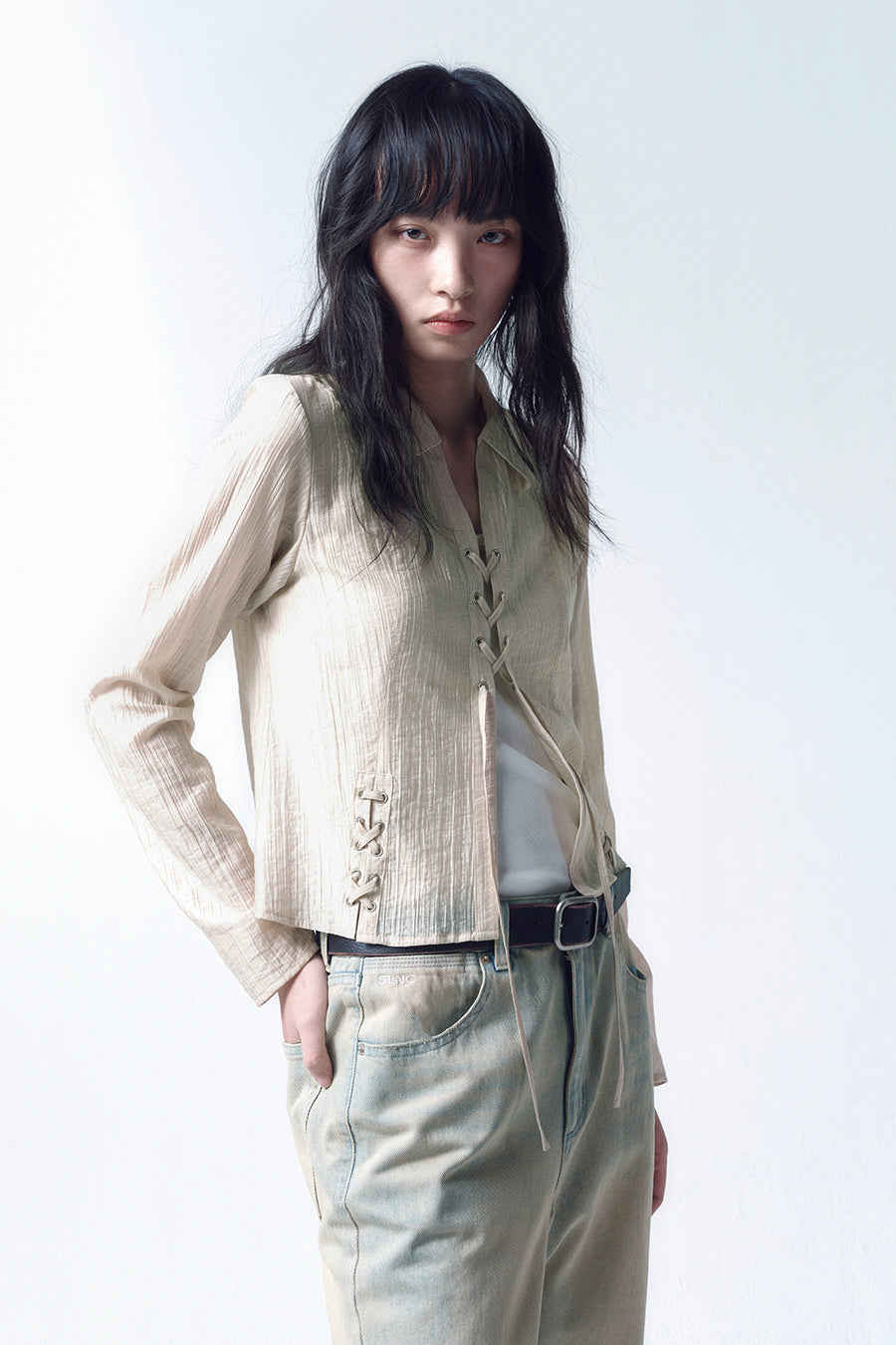 Insilence - Lace-up Strap Shirt (Beige) product image 5 | TRAB K-Fashion Australia