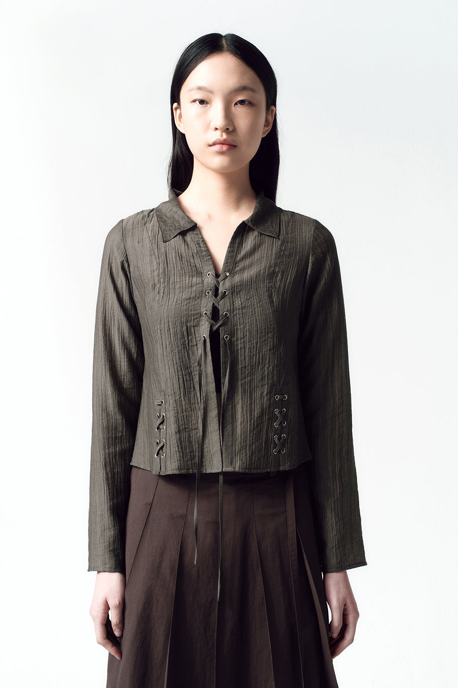 Insilence - Lace-up Strap Shirt (Khaki Brown) product image 1 | TRAB K-Fashion Australia