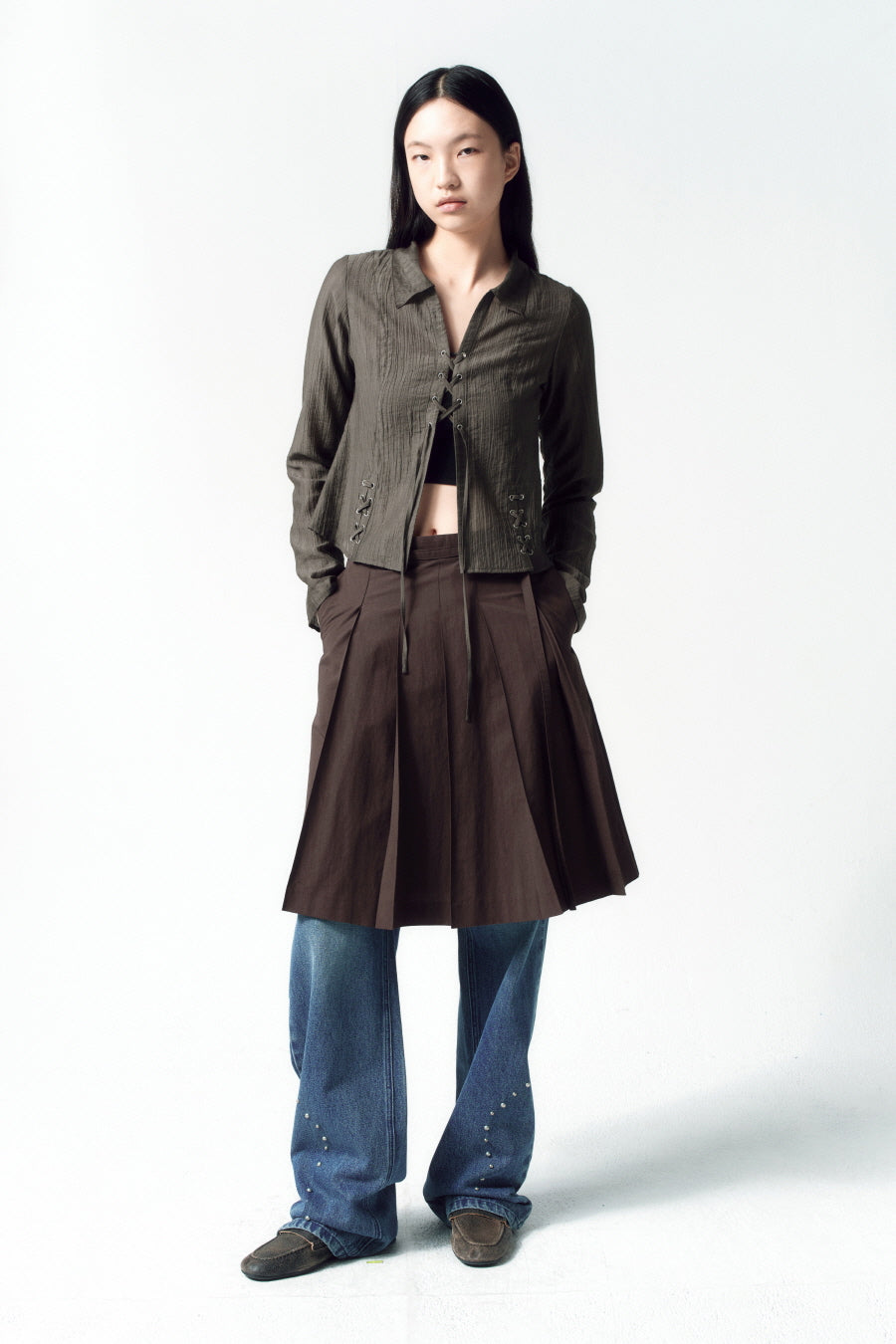 Insilence - Lace-up Strap Shirt (Khaki Brown) product image 2 | TRAB K-Fashion Australia