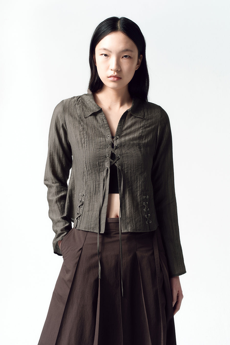 Insilence - Lace-up Strap Shirt (Khaki Brown) product image 4 | TRAB K-Fashion Australia