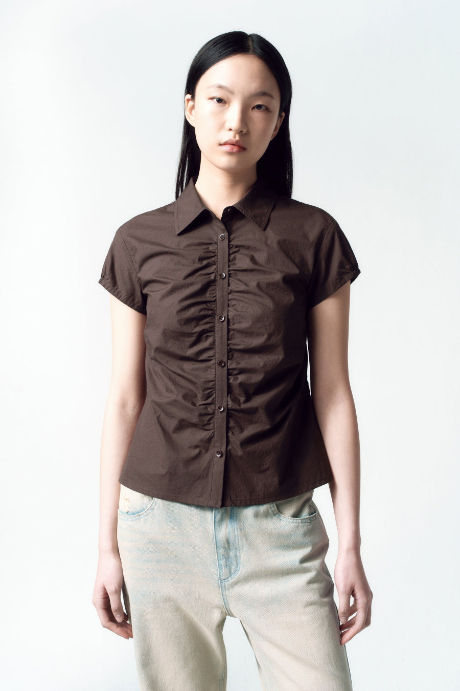 Insilence - Shirring half-sleeve shirt (Brown) product image 1 | TRAB K-Fashion Australia