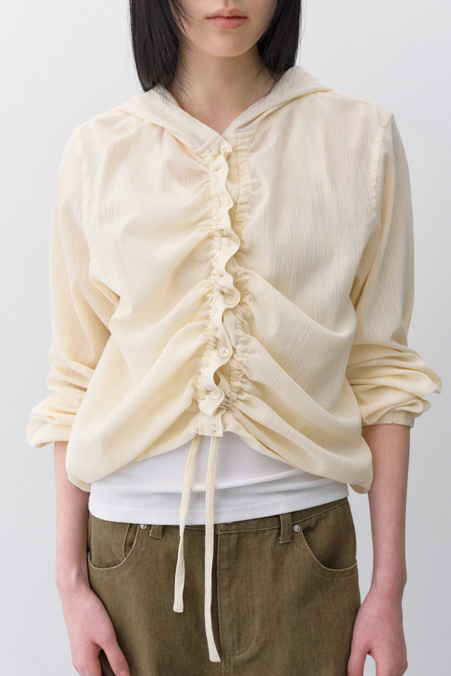 Insilence - Textured Shirring Hooded Shacket (Light Beige) product image 4 | TRAB K-Fashion Australia