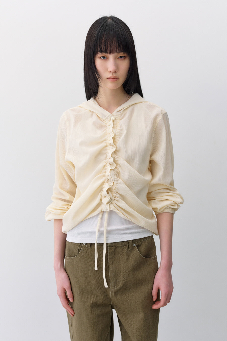 Insilence - Textured Shirring Hooded Shacket (Light Beige) product image 5 | TRAB K-Fashion Australia