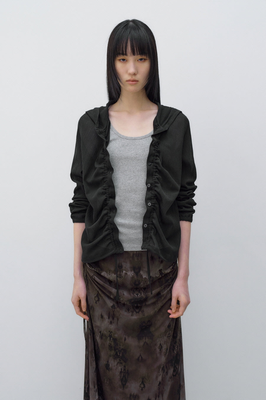 Insilence - Textured Shirring Hooded Shacket (Black) product image 1 | TRAB K-Fashion Australia