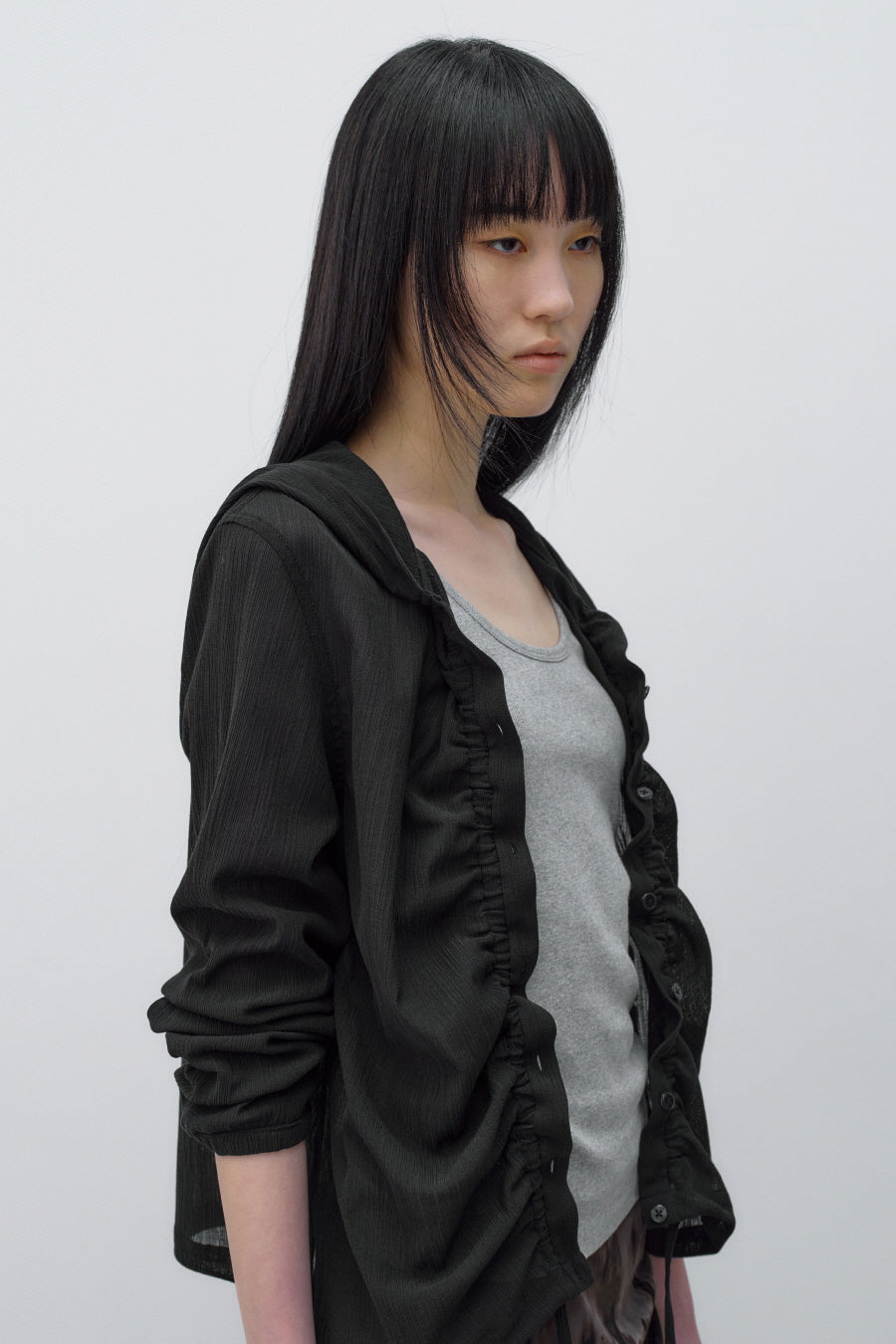 Insilence - Textured Shirring Hooded Shacket (Black) product image 4 | TRAB K-Fashion Australia