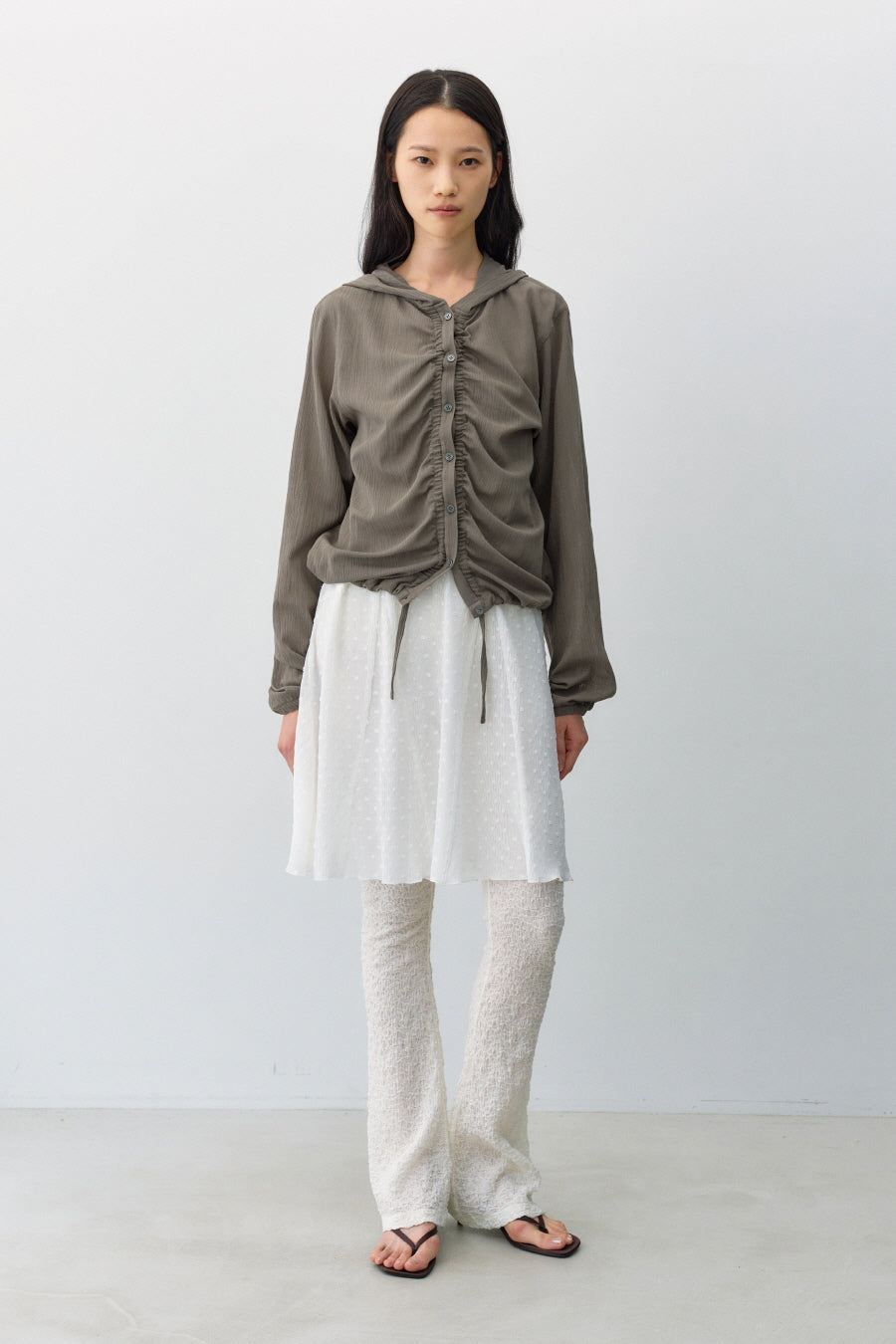 Insilence - Textured Shirring Hooded Shacket (Khaki) product image 1 | TRAB K-Fashion Australia