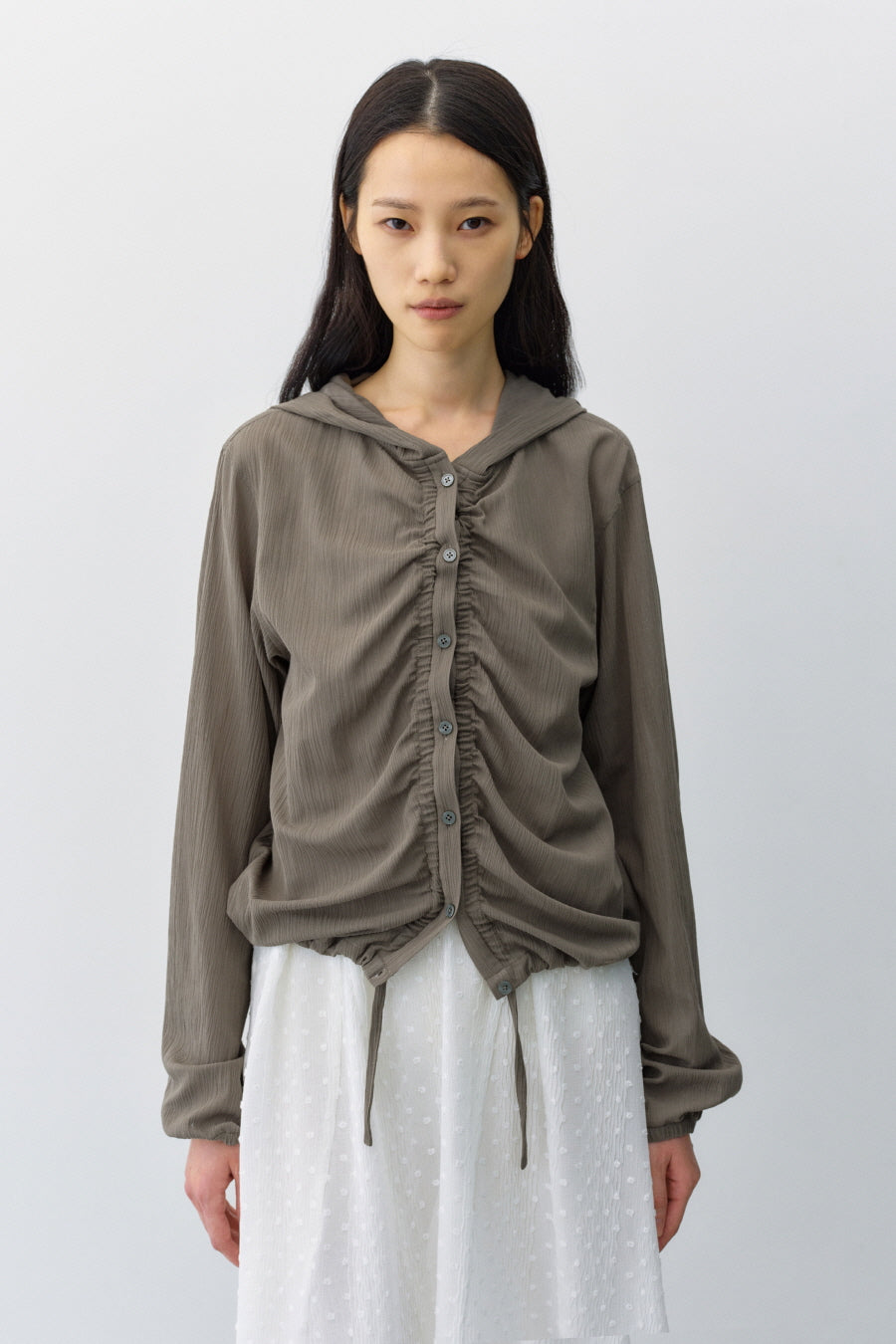 Insilence - Textured Shirring Hooded Shacket (Khaki) product image 2 | TRAB K-Fashion Australia