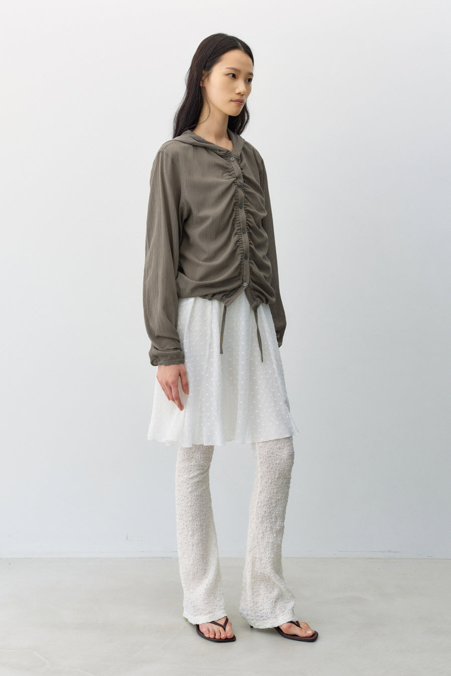 Insilence - Textured Shirring Hooded Shacket (Khaki) product image 3 | TRAB K-Fashion Australia