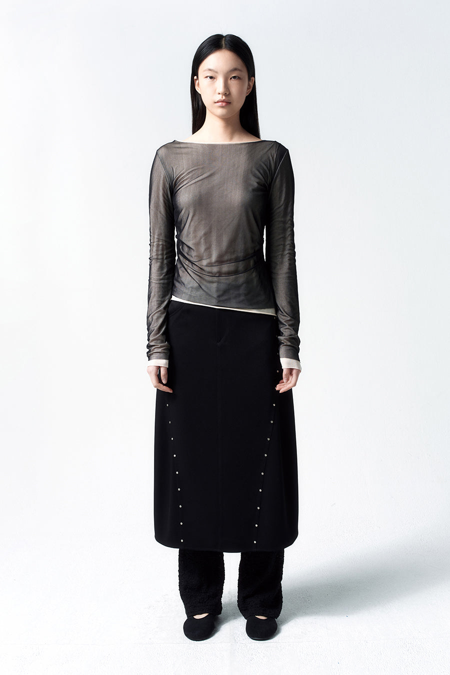 Insilence - Curved Studded Skirt (Black) product image 1 | TRAB K-Fashion Australia