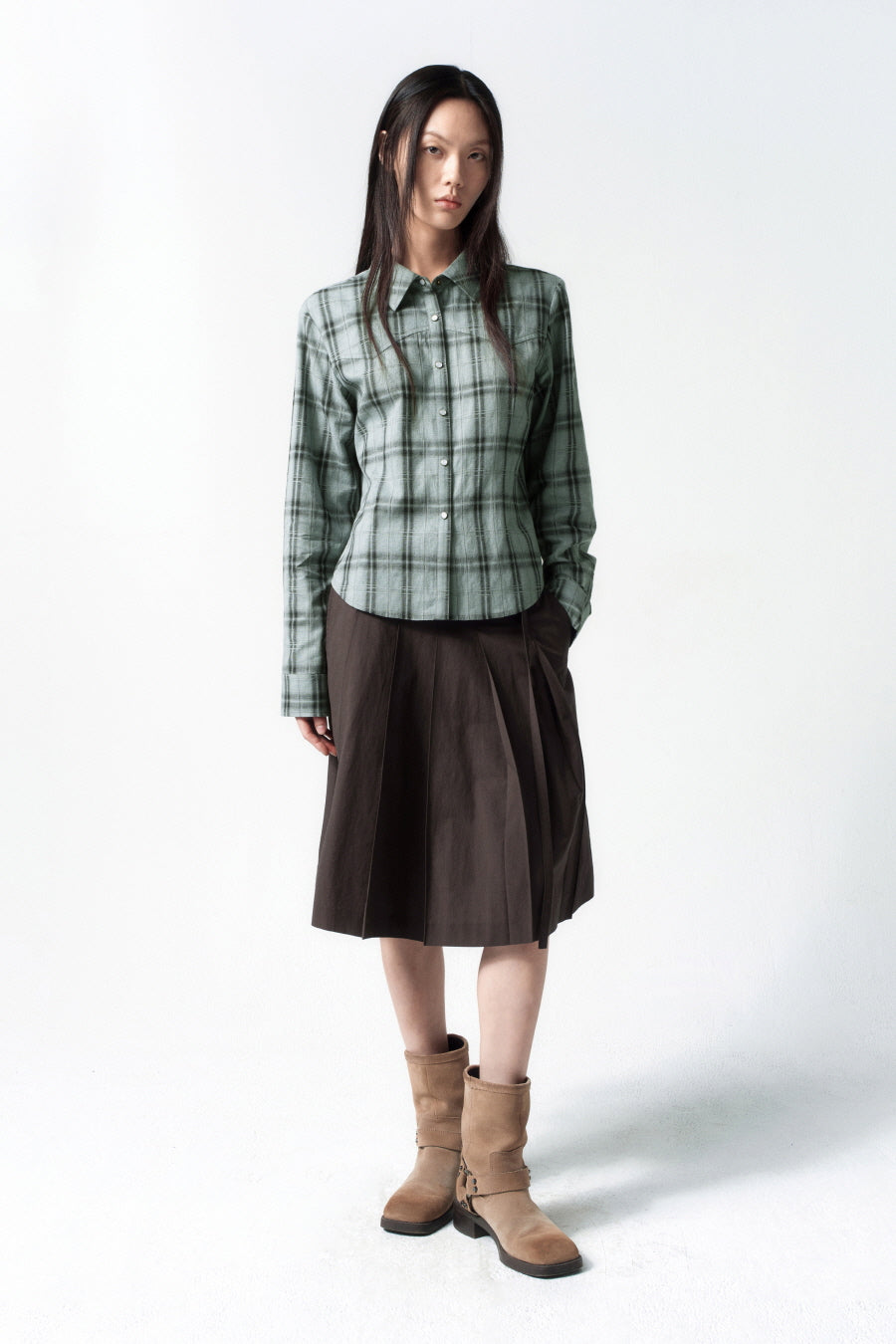 Insilence - Low Cotton Pleated Skirt (Brown) product image 1 | TRAB K-Fashion Australia