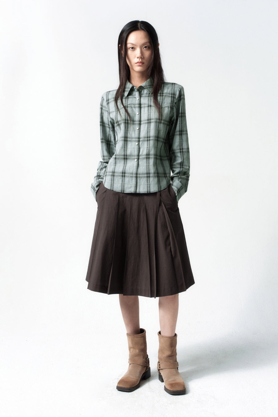 Insilence - Low Cotton Pleated Skirt (Brown) product image 2 | TRAB K-Fashion Australia