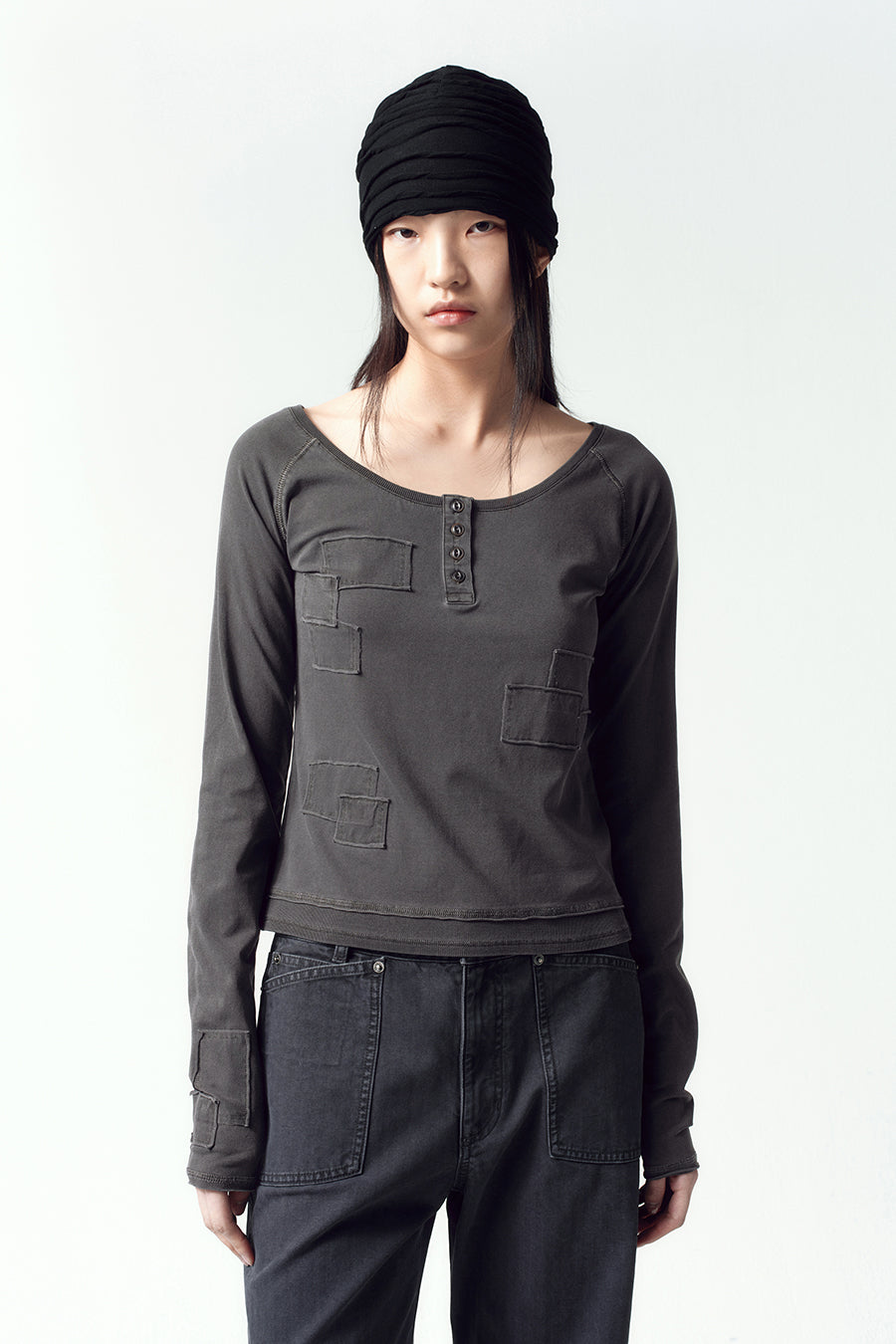 Insilence - Henley Neck Patchwork T-Shirt (Charcoal) product image 1 | TRAB K-Fashion Australia