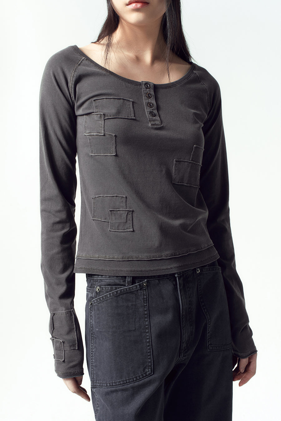 Insilence - Henley Neck Patchwork T-Shirt (Charcoal) product image 2 | TRAB K-Fashion Australia