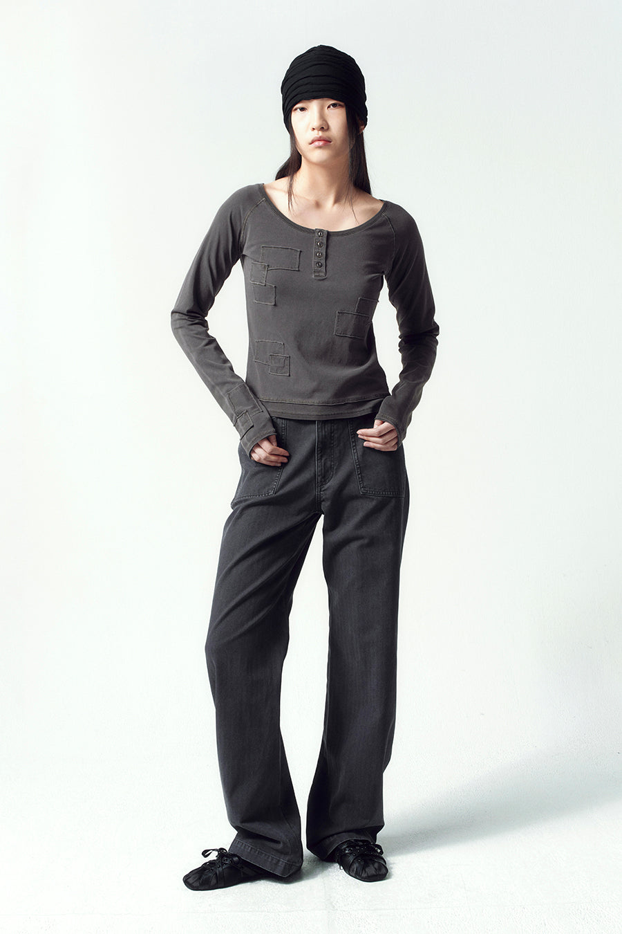 Insilence - Henley Neck Patchwork T-Shirt (Charcoal) product image 3 | TRAB K-Fashion Australia