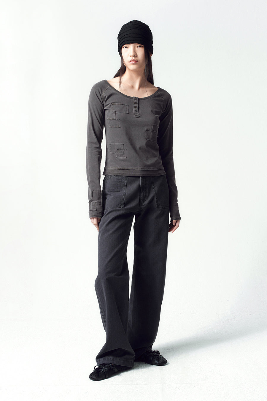 Insilence - Henley Neck Patchwork T-Shirt (Charcoal) product image 4 | TRAB K-Fashion Australia