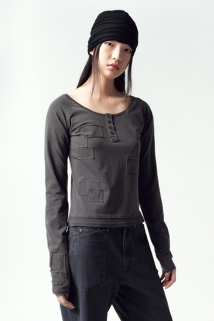 Insilence - Henley Neck Patchwork T-Shirt (Charcoal) product image 5 | TRAB K-Fashion Australia