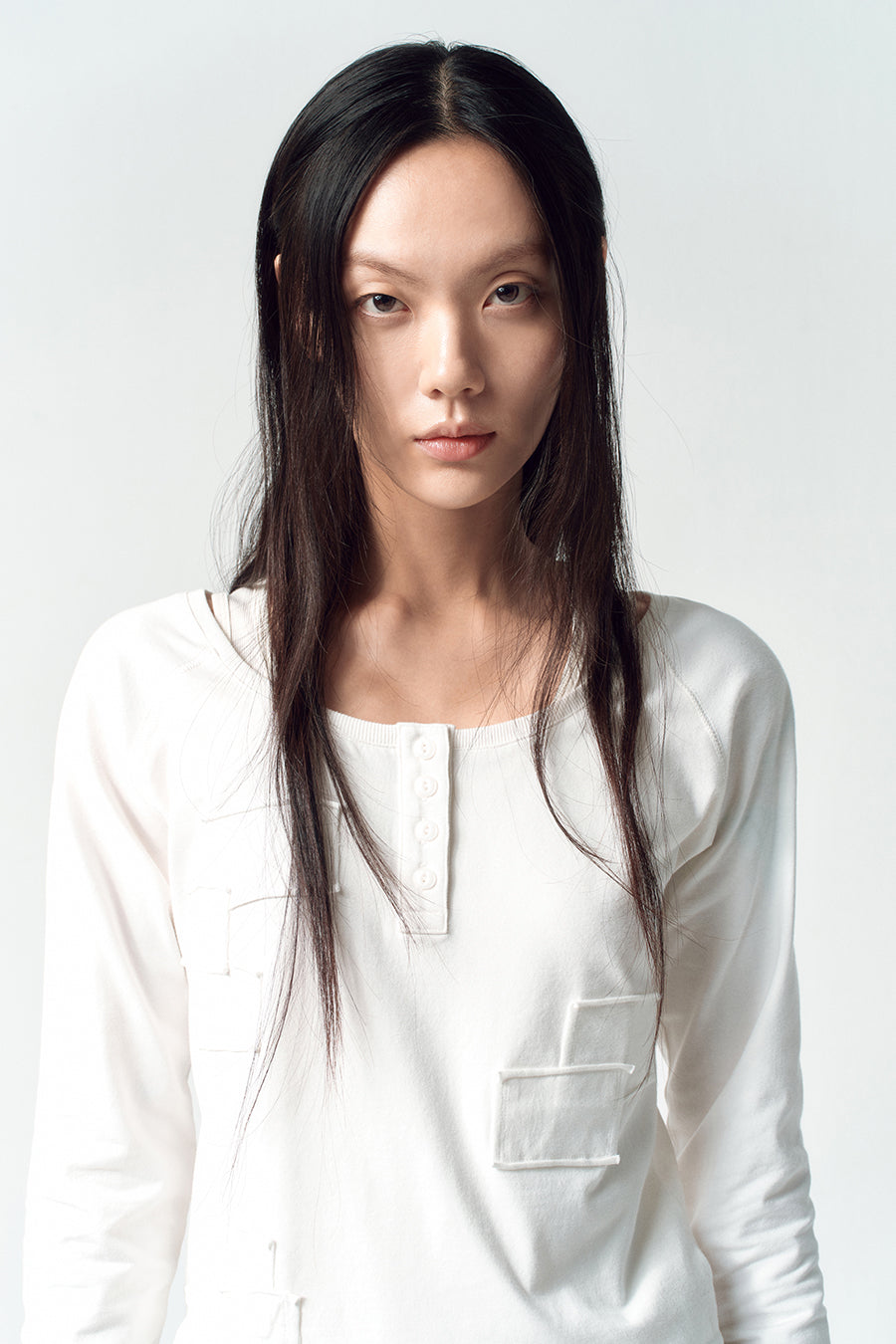 Insilence - Henley Neck Patchwork T-Shirt (White) product image 1 | TRAB K-Fashion Australia