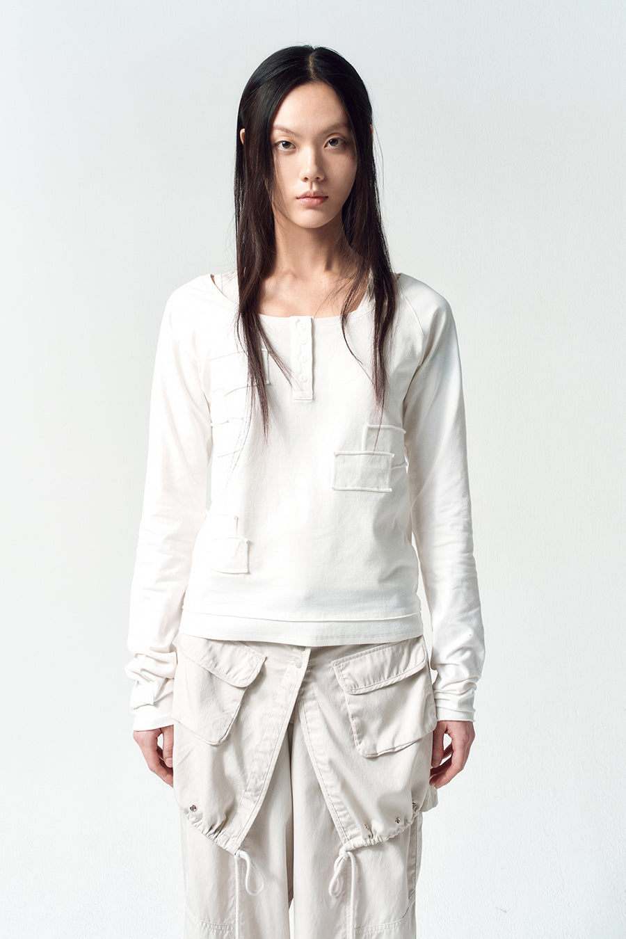 Insilence - Henley Neck Patchwork T-Shirt (White) product image 2 | TRAB K-Fashion Australia