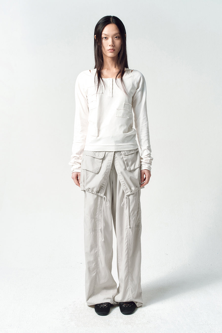 Insilence - Henley Neck Patchwork T-Shirt (White) product image 3 | TRAB K-Fashion Australia