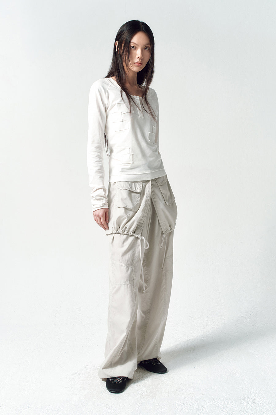 Insilence - Henley Neck Patchwork T-Shirt (White) product image 4 | TRAB K-Fashion Australia