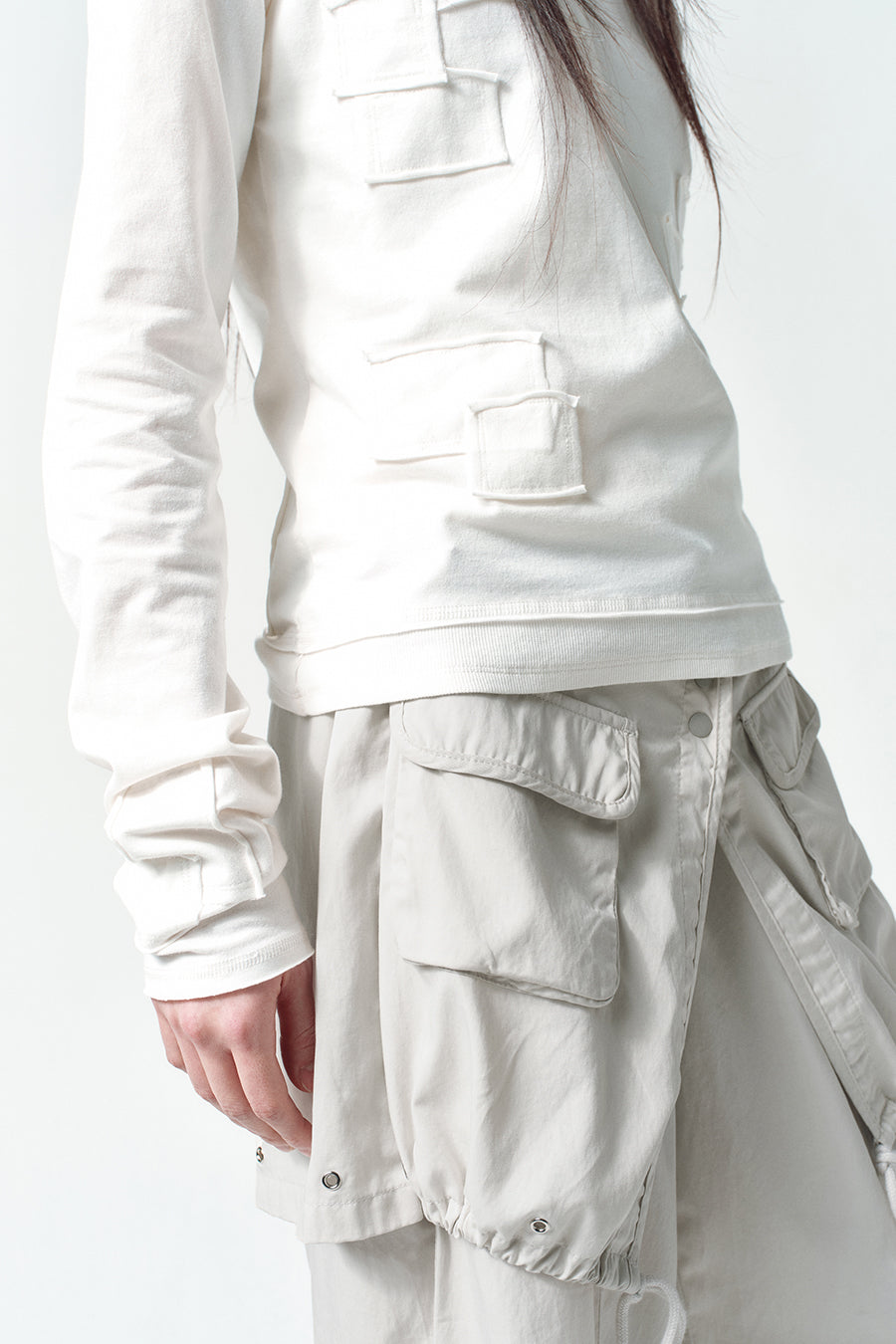 Insilence - Henley Neck Patchwork T-Shirt (White) product image 6 | TRAB K-Fashion Australia