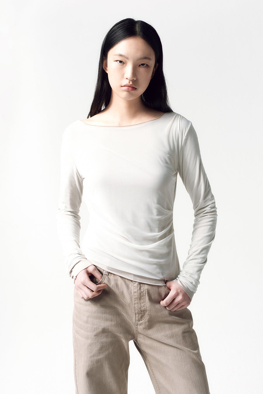 Insilence - Mesh Drape Long Sleeve (Ash Beige) product image 1 | TRAB K-Fashion Australia