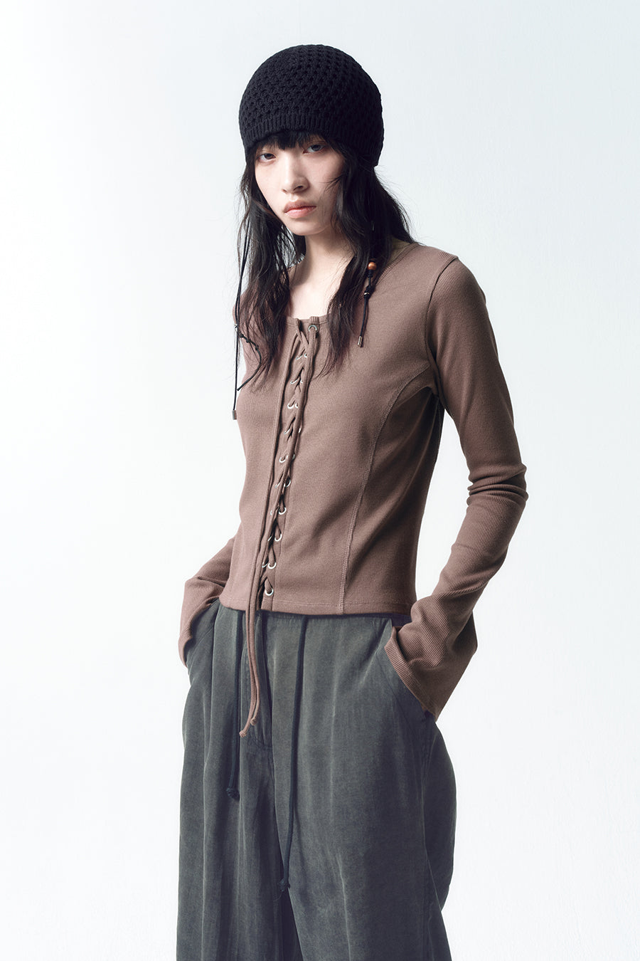Insilence - Lace-up long sleeve (Brown) product image 3 | TRAB K-Fashion Australia