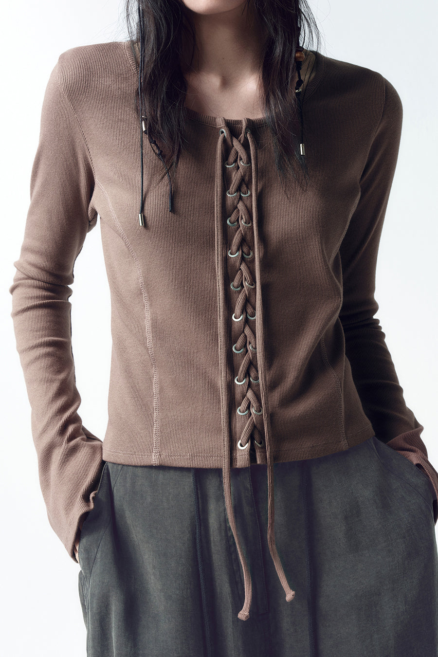 Insilence - Lace-up long sleeve (Brown) product image 5 | TRAB K-Fashion Australia