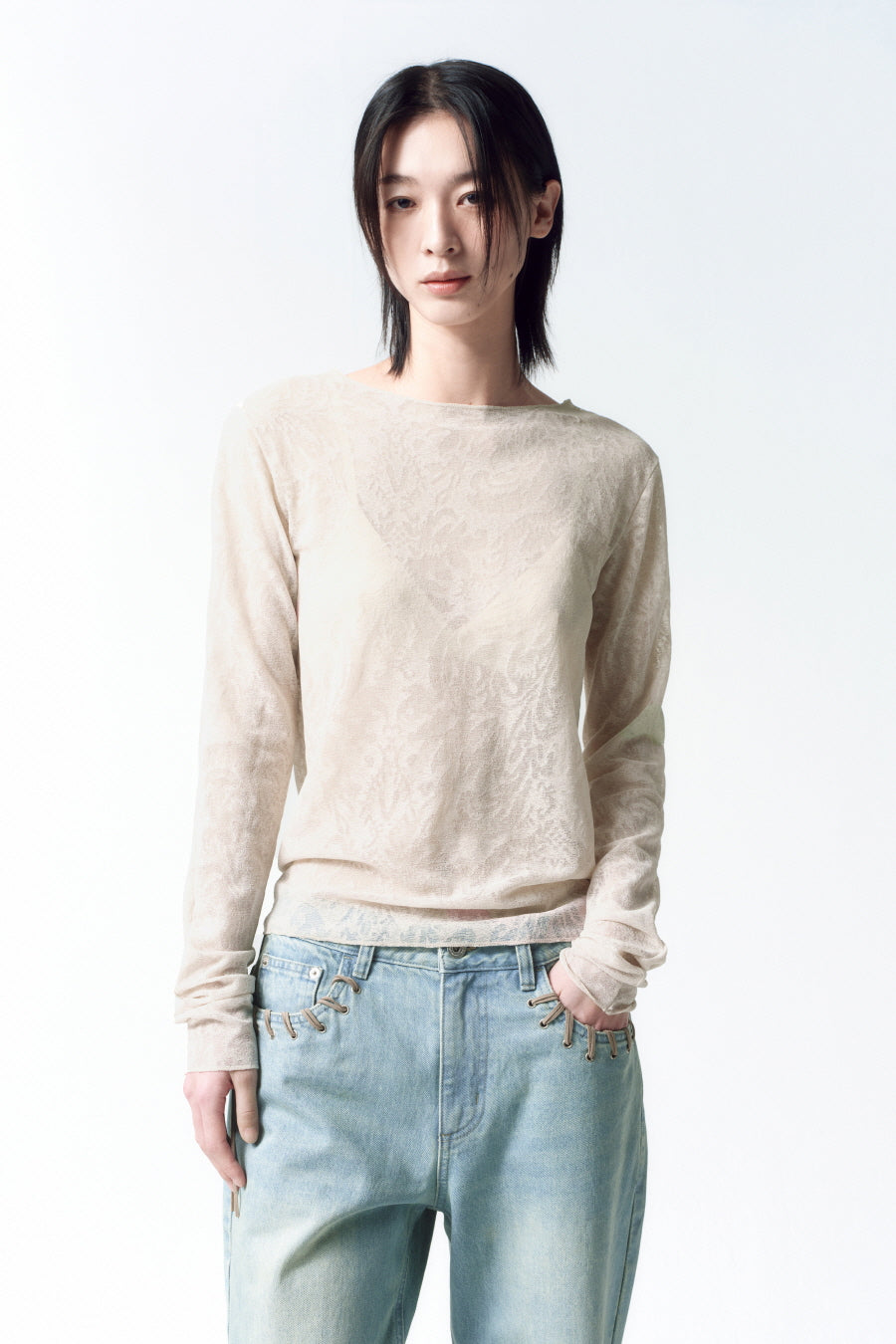 Insilence - Pattern Sheer Long Sleeve (Beige) product image 1 | TRAB K-Fashion Australia